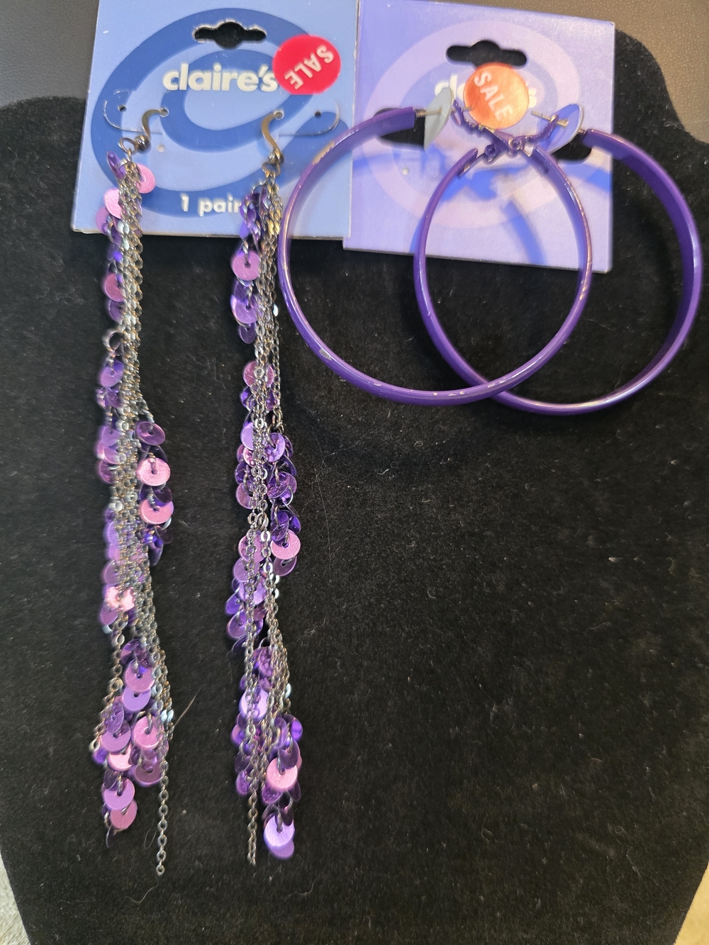 #287 Claire's Purple Sequin Dangle Earrings with Purple Hoop Set